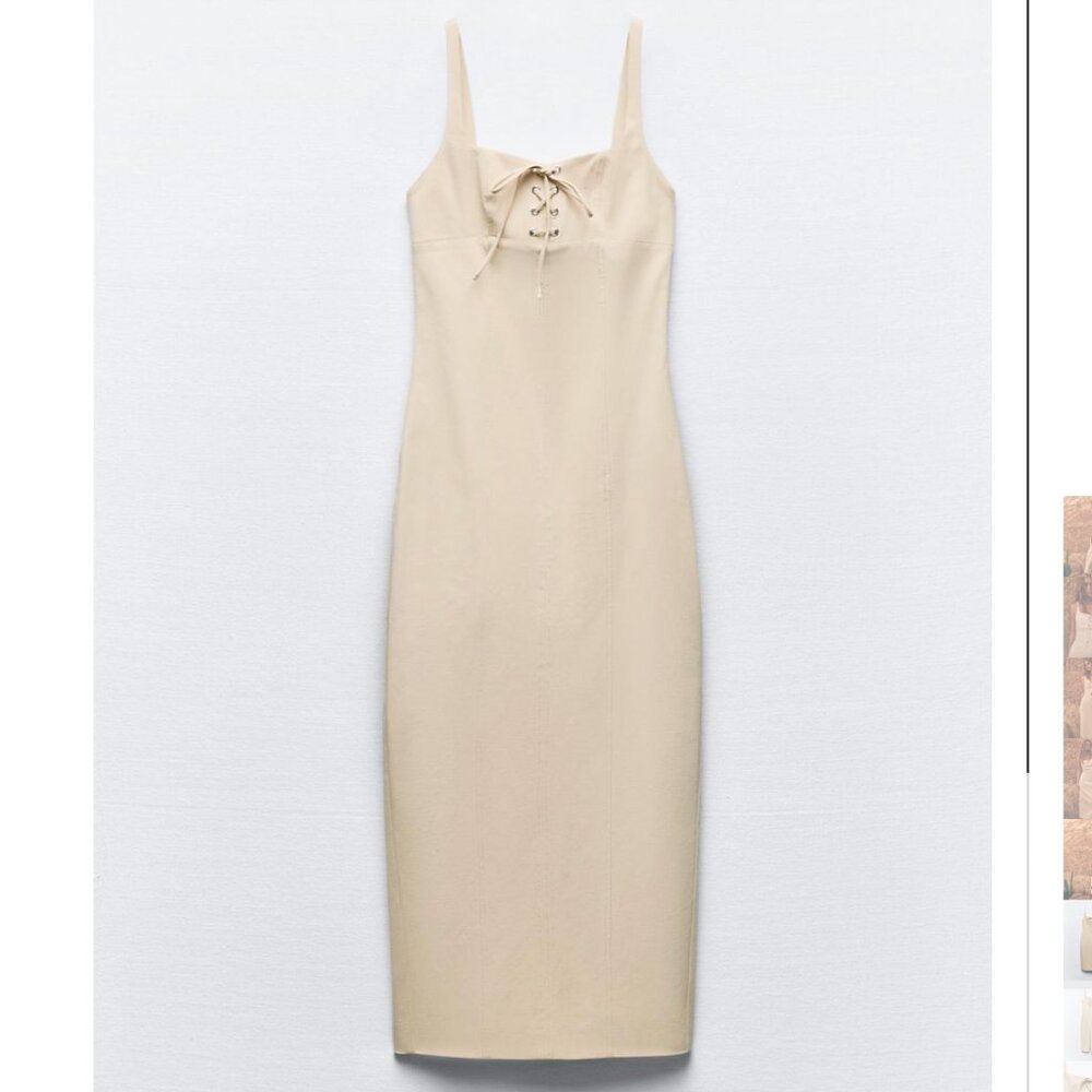 Zara Midi Dress with lace-up drawstring - S - Sand